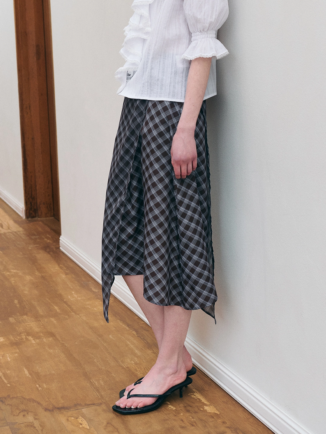 르니나 SAGE check wrap unbalance skirt_purple 상품 이미지 1