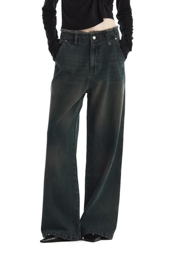 Raw Cut Belt-Line Brushed Denim Pants [ Dark Navy ]