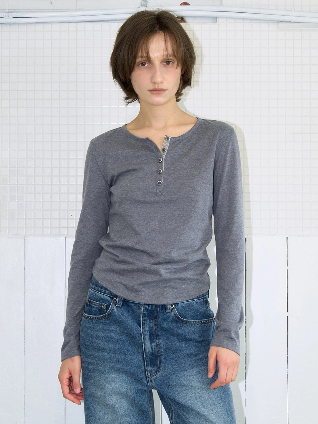 밀로 우먼 Tape Henley Neck T-Shirt [Melange Charcoal] 상품 이미지 1