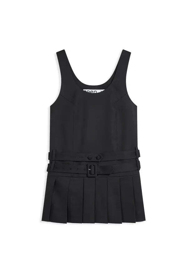 BELTED PLEATED MINI DRESS, BLACK