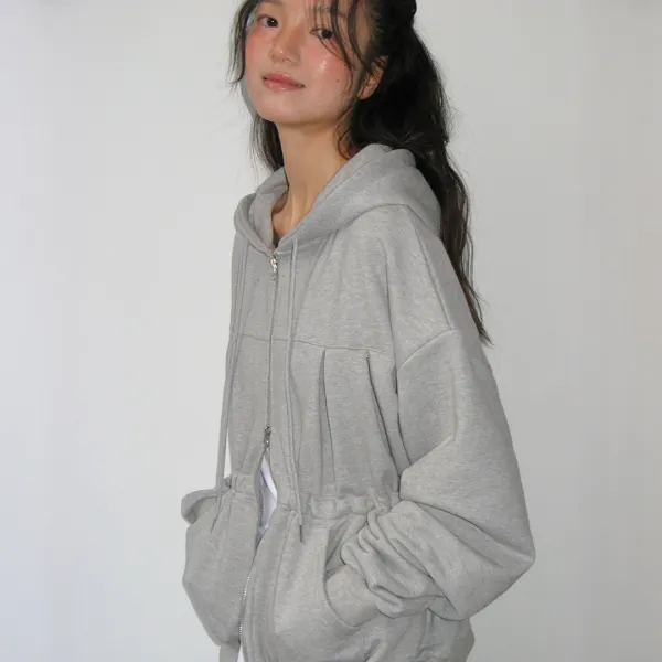 PENDANT SHIRRING HOODIE ZIP UP GREY