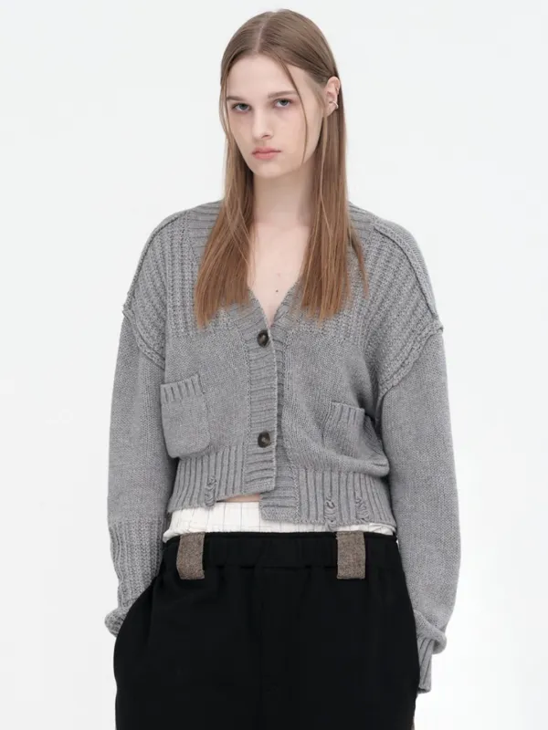 Mixed Cropped Loose Cardigan [Gray]