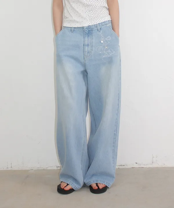 HOTFIX KEYRING WIDE DENIM PANTS LIGHT BLUE