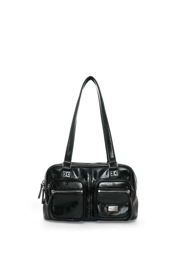 DOUBLE POCKET BRICK SHOULDER BAG IN BLACK