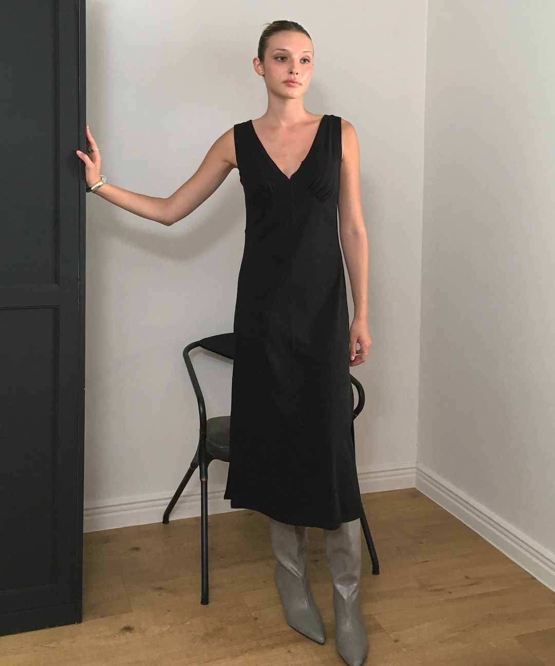 비터셀즈 V Neck Layered Jersey Long Dress-Black 상품 이미지 2