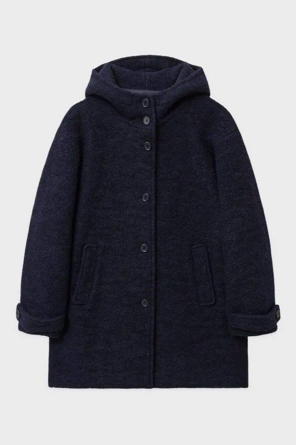 [권은비 착용] Loose-Fit Hoodie Wool Half Coat (Navy)