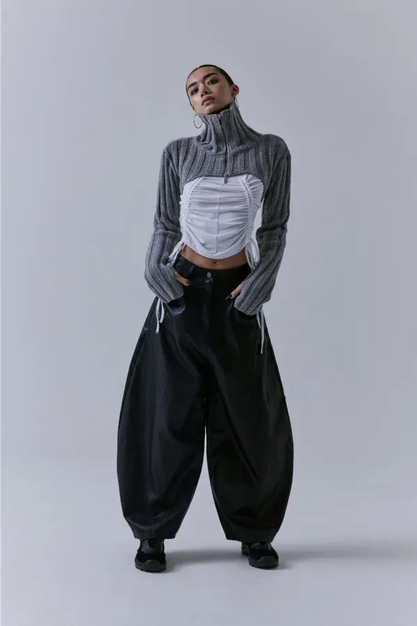 High-neck Bolero Knit Zip-up [ Grey ]