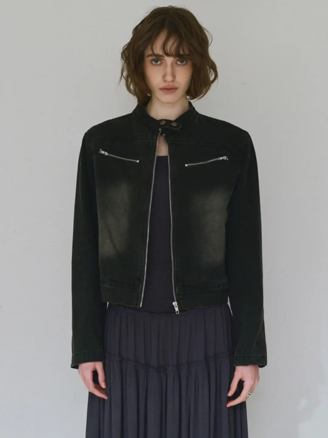 밀로 우먼 Washed Denim Racing Jacket [Stone Black] 상품 이미지 2
