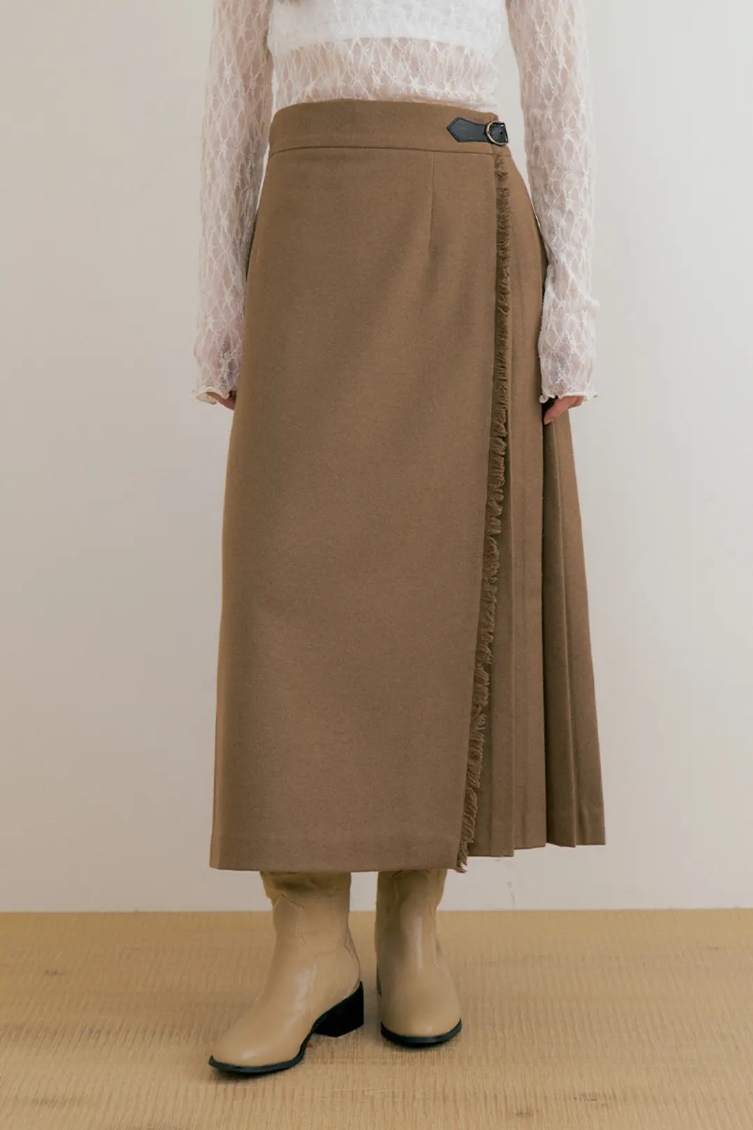 루시르주 Fringe Wool Pleated Skirt (beige) 상품 이미지 1
