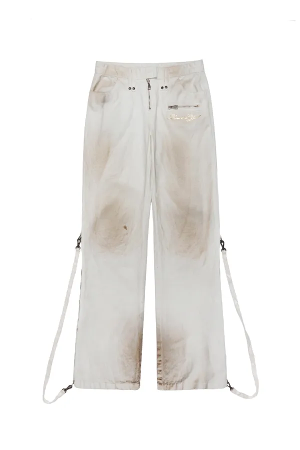 DIRTY WASHED ZIPPER PANTS WHITE