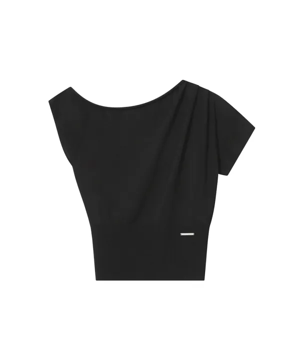 One shoulder sheer knit top BLACK