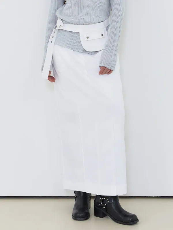 Belt Pintuck Long Skirt, White