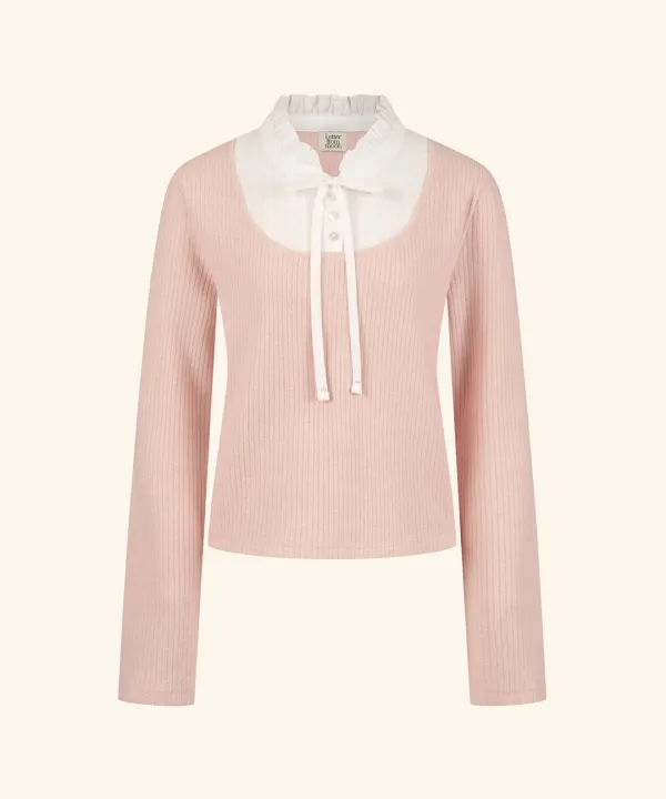 Lace Layered Ribbed Knit Top ( Pink )