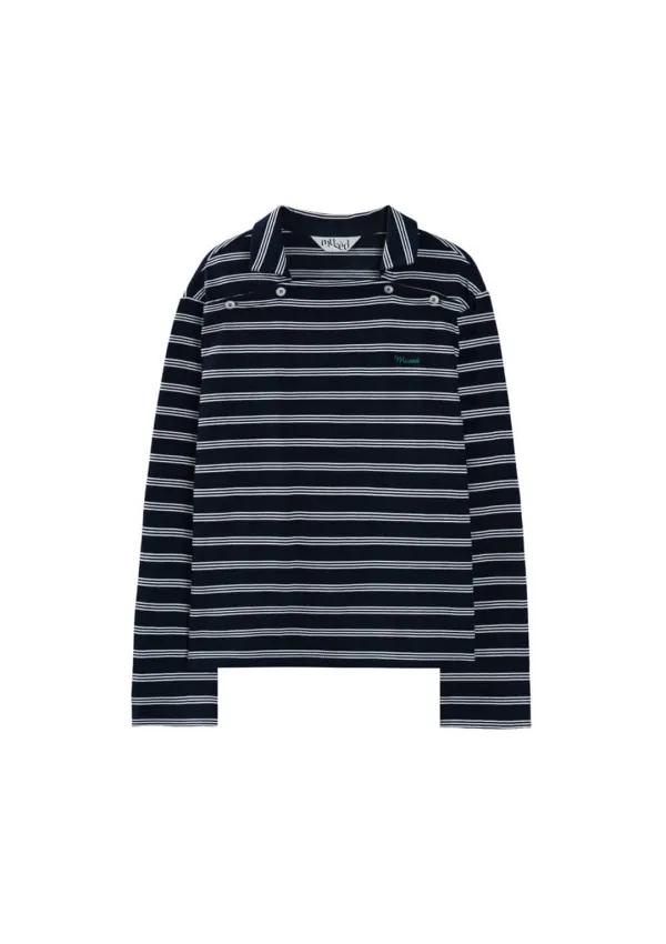 Mused Marina Buttoned Collar Top - Navy Stripe