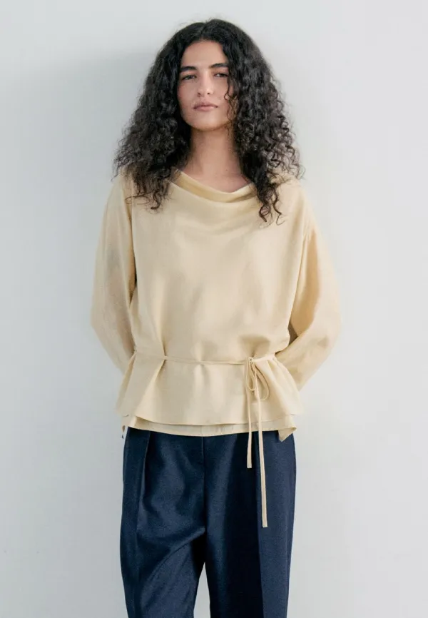 DRAPE LAYERED LONG SLEEVE BLOUSE - YELLOW
