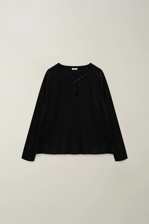 BUTTON BOXY WAFFLE T-SHIRT_TT5S214BK