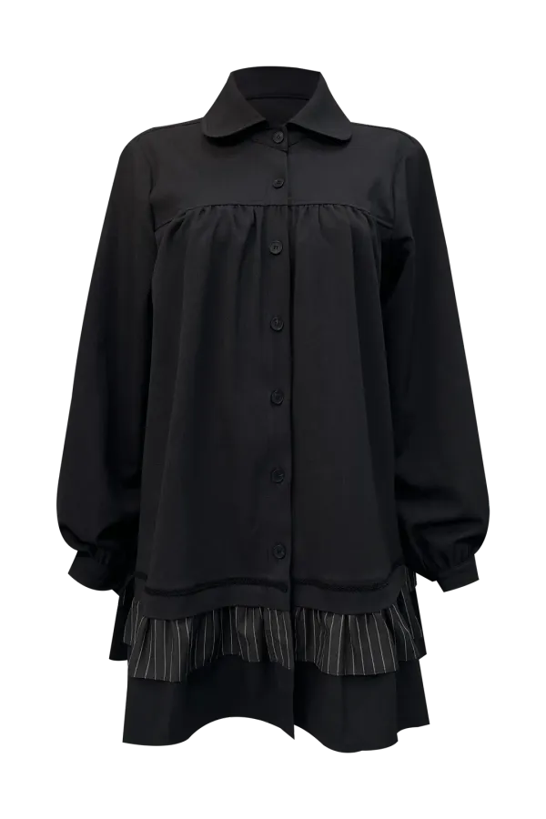 STRIPED FRILL ONE-PIECE (CHARCOAL)