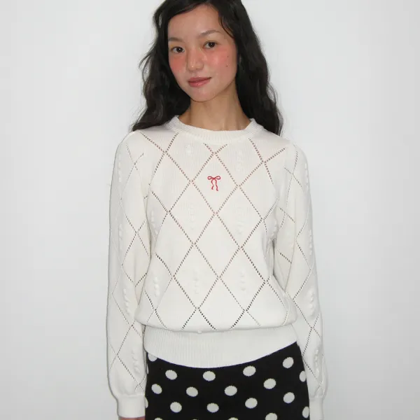 DIAMOND PATTERN LONG SLEEVE KNIT IVORY