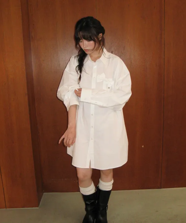 RIBBON PIN SET SHIRT DRESS WHITE