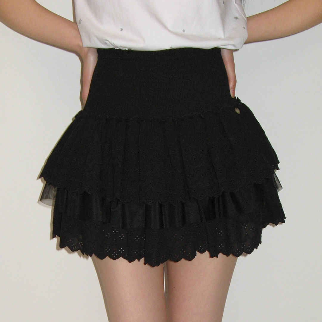 론론 SMOCKED LACE CANCAN RUFFLE PANTSKIRT BLACK 상품 이미지 1