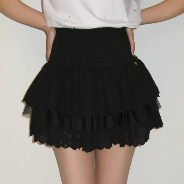 SMOCKED LACE CANCAN RUFFLE PANTSKIRT BLACK