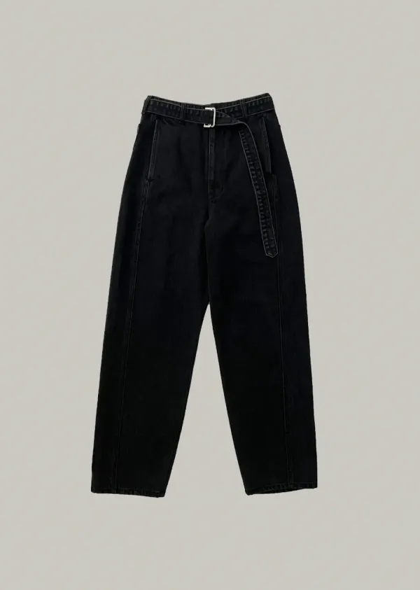 belted curved denim pants (dark gray)