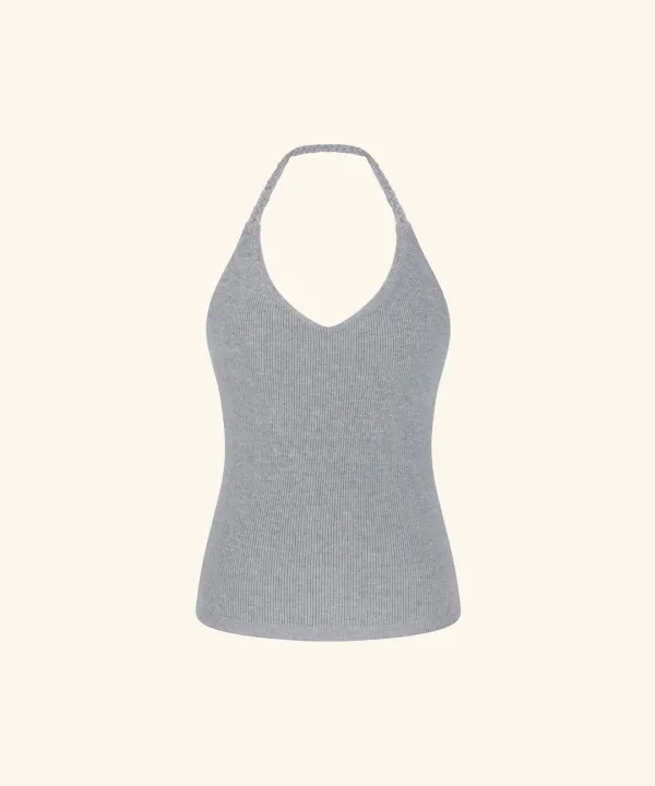 [9/22 11:00am Coming soon] Letters Braided-Strap Halter Knit Top (Melange Grey)