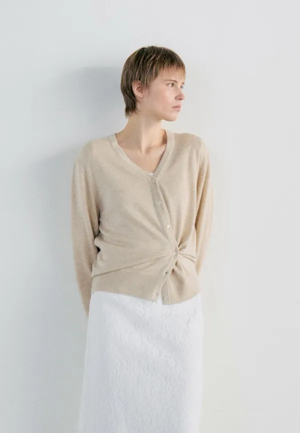 WOOL SILK V-NECK CARDIGAN - BEIGE