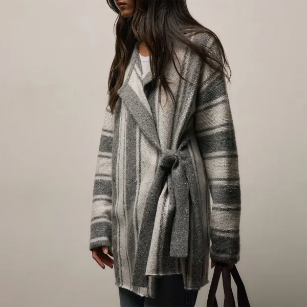 Baja Stripe Cashmere Cardigan - Heather Grey/Pearl