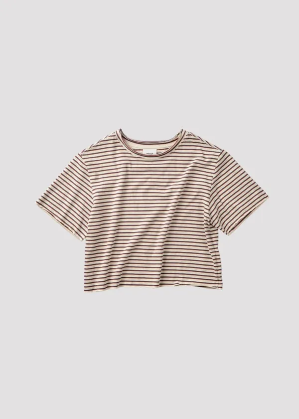 ROUGH CROP T SHIRT FLAT LOVE BROWN STRIPE
