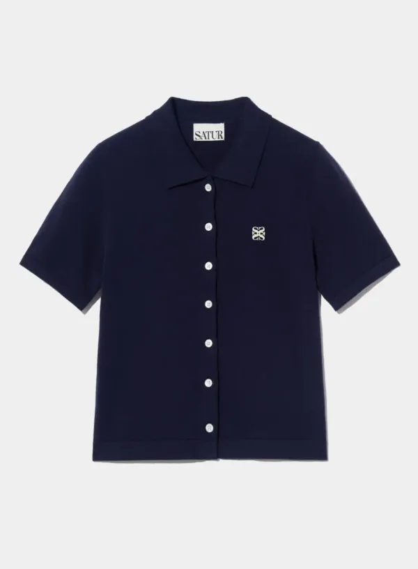 (W) Basic Cotton Collar Half Cardigan - Classic Navy