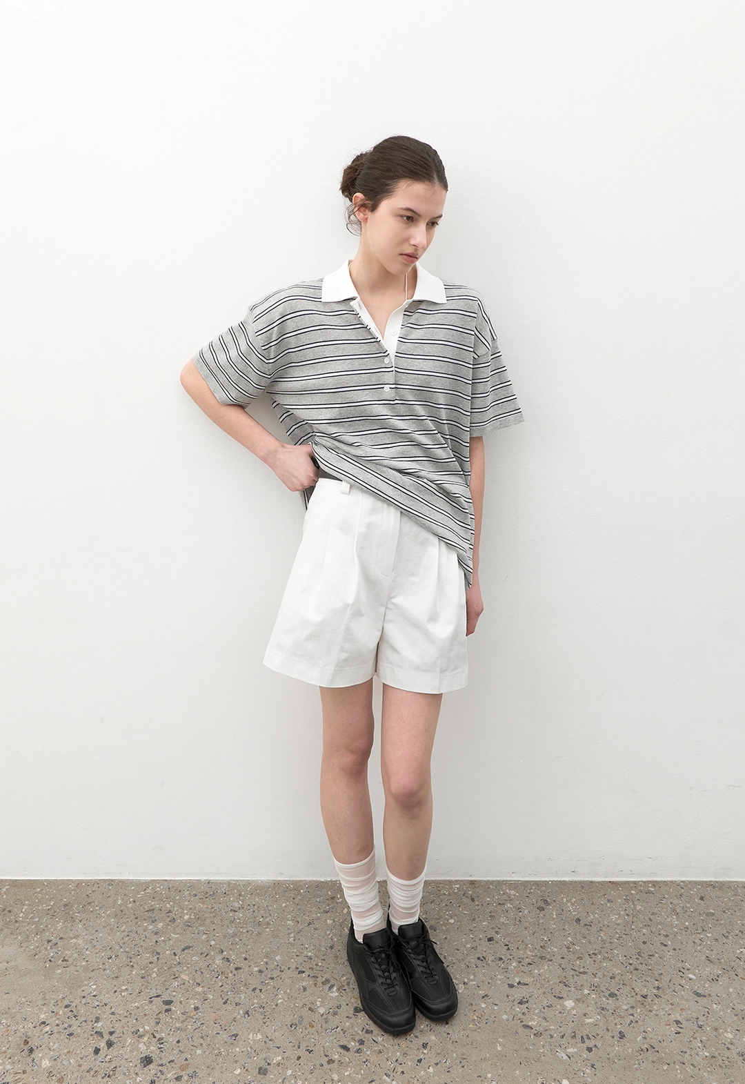 아뜰리에 나인 (T-7242)LOOSE FIT HALF SLEEVE STRIPED POLO KNIT 상품 이미지 2