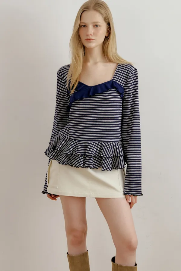FRILL STRIPE T-SHIRT - NAVY