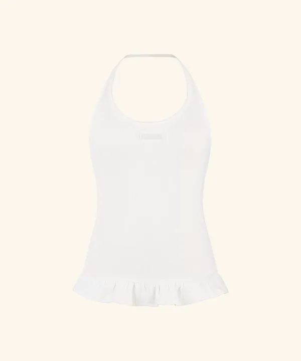 Letters Frill Label Halter Neck Top ( White )