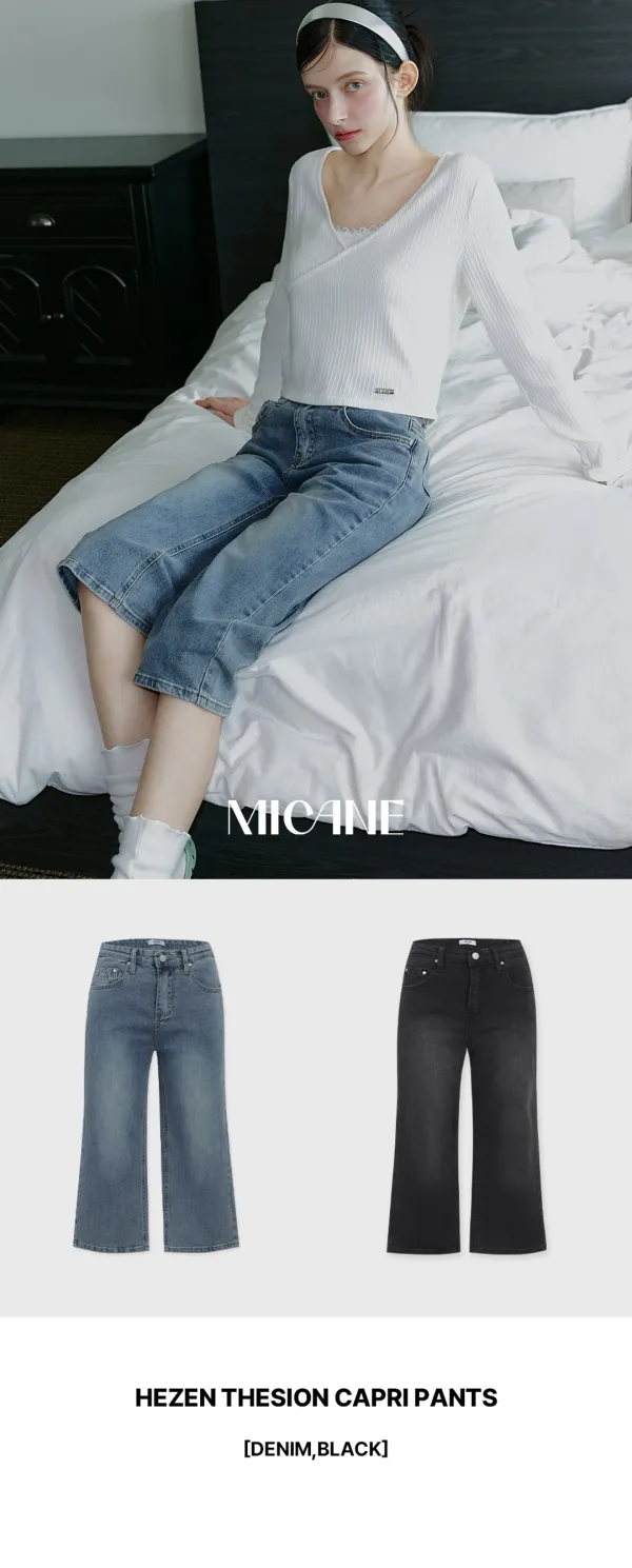 [25-36]  Hezen Thesion Capri Pants  헤젠 텐션 카프리 팬츠 (가을-봄-시즌리스-데일리룩-데이트룩-출근룩-캐주얼-카프리팬츠-로우라이즈-빈티지-데님팬츠-워싱-체형커버-자체제작 )