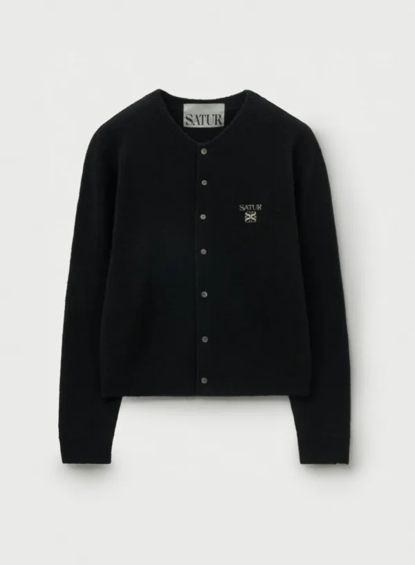 Loren Wool Blend Crew Neck Knit Cardigan - Black