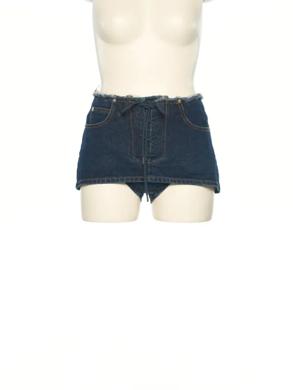 PS25 BLUE LACE UP DETAIL DENIM SKORTS