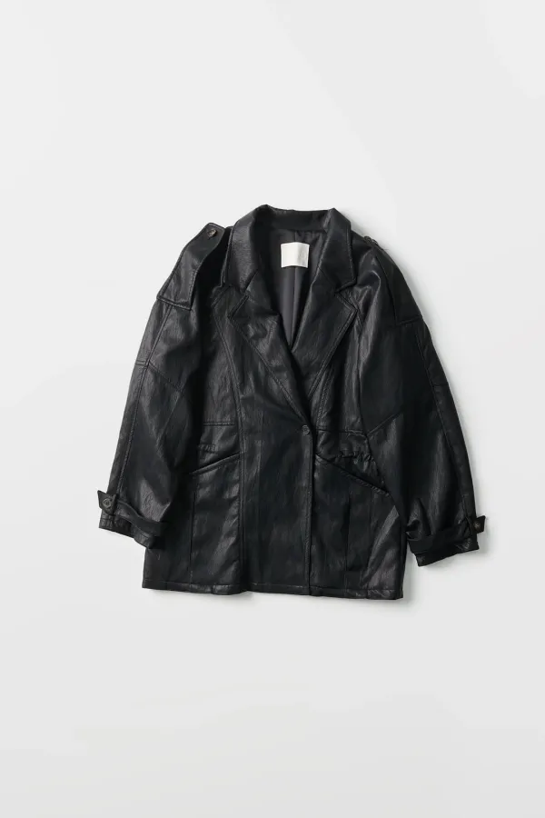 Leather Waist Drawstring Half Coat (black)