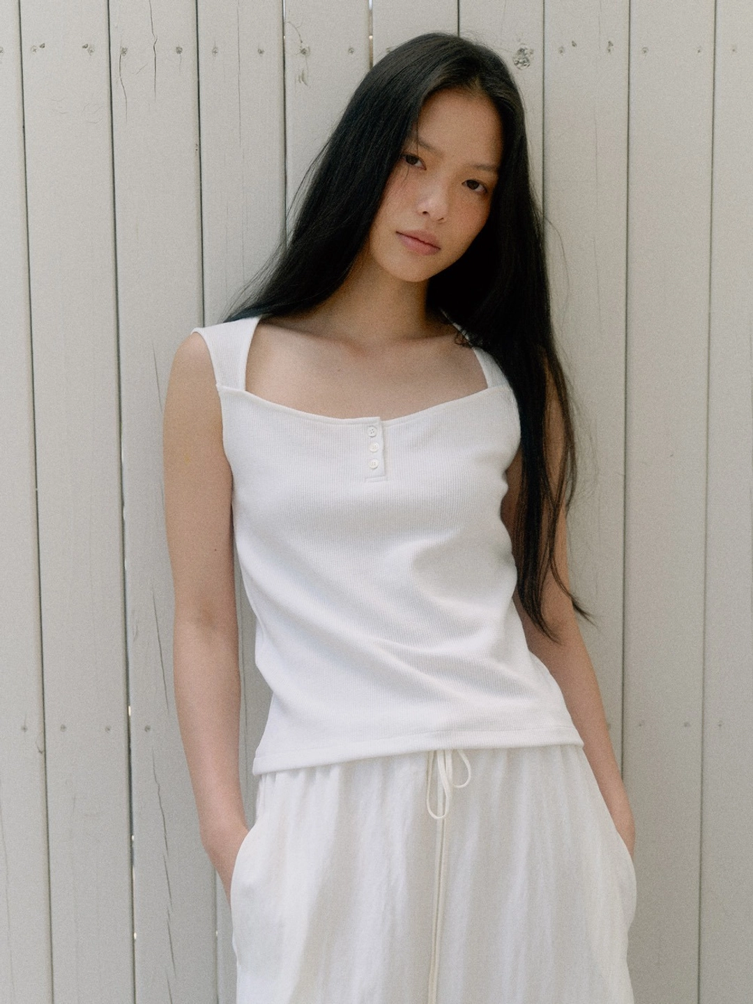 베이오드 Waffle button cap sleeve T-shirt_white 상품 이미지 2