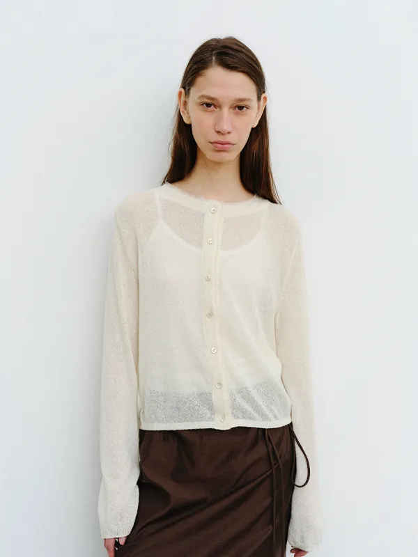 TVR LINEN SHEER FRINGE KNIT CARDIGAN_IVORY