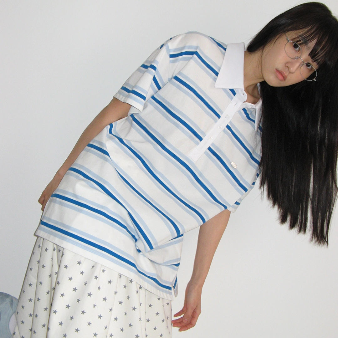 론론 HENRYNECK RUGBY TEE IVORY BLUE STRIPE 상품 이미지 1
