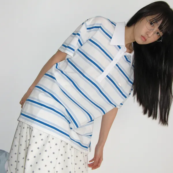 HENRYNECK RUGBY TEE IVORY BLUE STRIPE