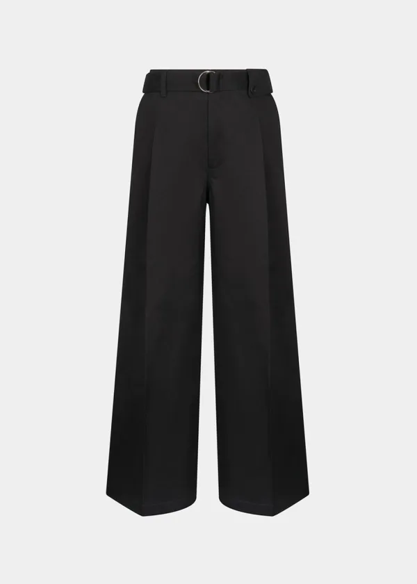 W COTTON BELTED WIDE PANTS - BLACK