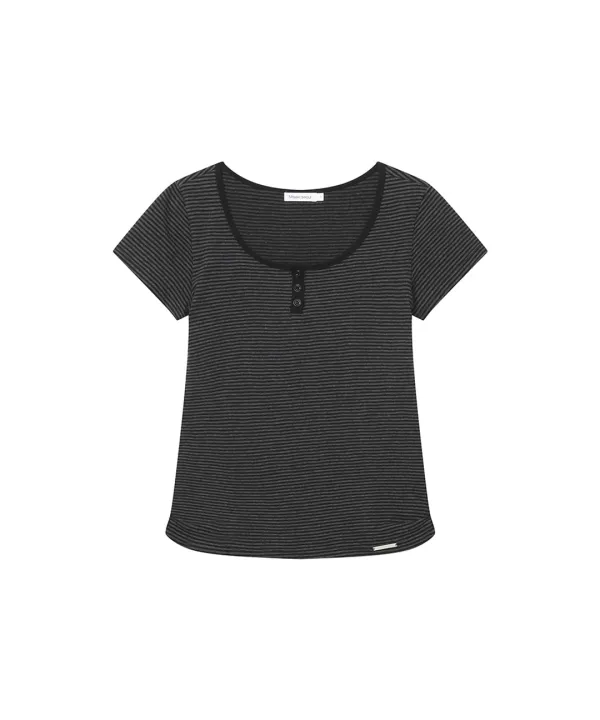 Striped henley neck short sleeves BLACK