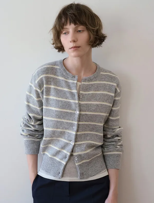 Contrast stripe round cardigan_Gray