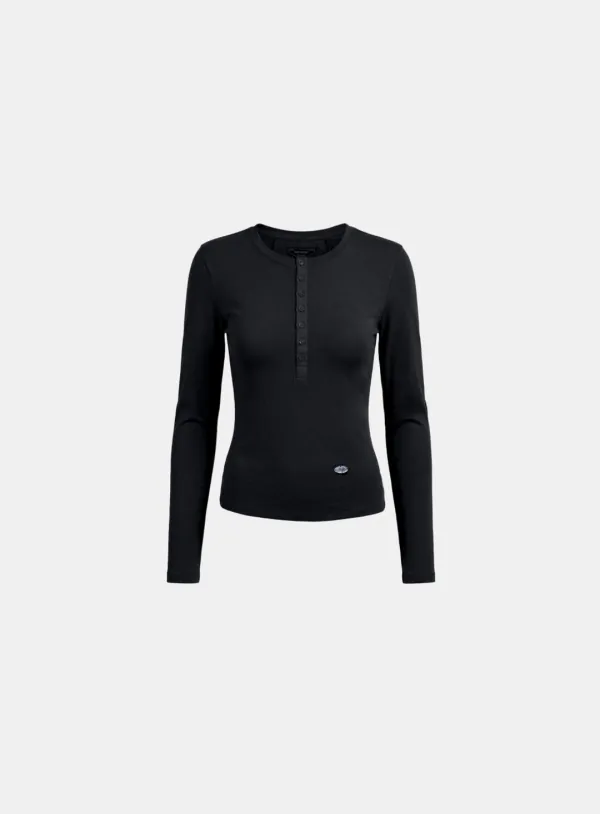 [w-tee26-060] Sleek Cotton Henley Neck Long Sleeve T-Shirt - Black