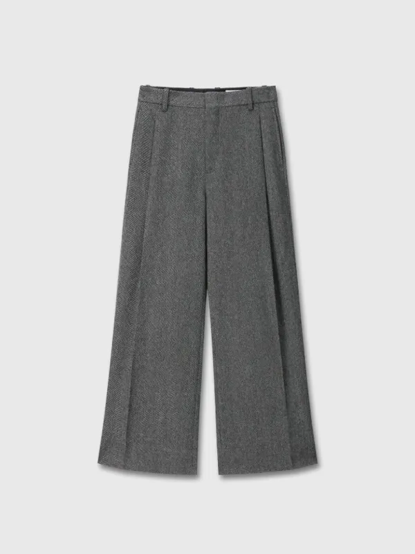 (W) DEEP TUCK WIDE-LEG TROUSERS_ GREY