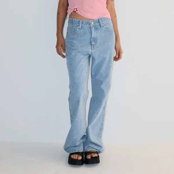 HEART EMBROIDERY BOOTSCUT DENIM PANTS LIGHT BLUE