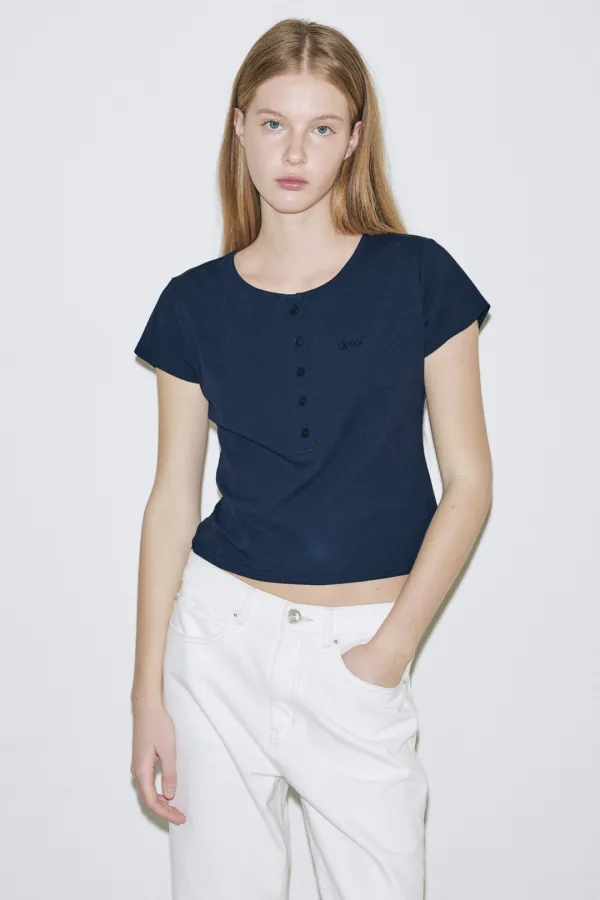SN Henley Neck Cap Sleeved T-shirt (Navy)