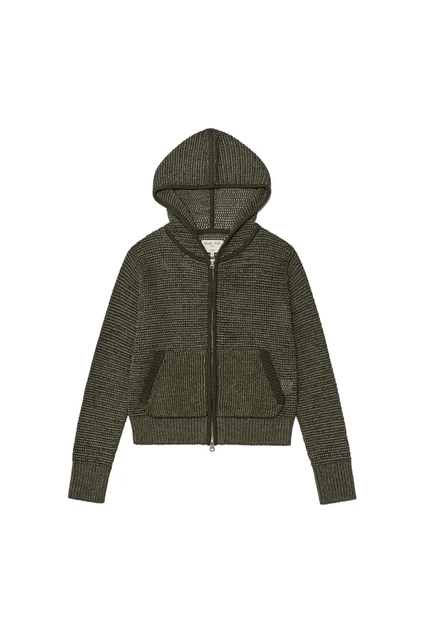 TWO TONE MESH KNIT HOODY ZIP UP IN KHAKI